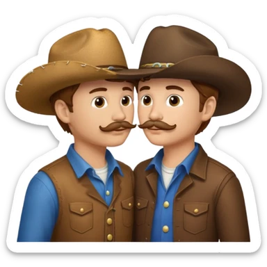 2 boys kissing with cowboy hats. one has light brown hair and the other one has dark brown hair and a mustache sticker