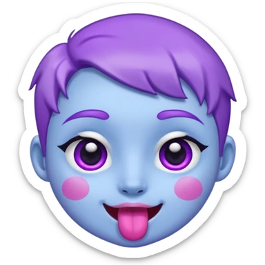 
de color azul claro brillante con manchas orgánicas en tonos morado y violeta.El rostro es expresivo y kawaii, con ojos grandes y brillantes, cejas pequeñas y una sonrisa abierta con lengua rosada. Estilo moderno, limpio y tierno, ideal como emoji, sticker o mascota digital.
 sticker