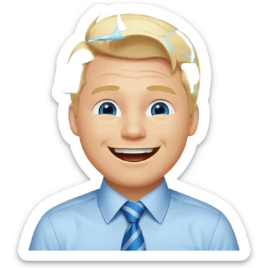 A guy with blonde hair and blue eyes that looks masculine. make him wear a shirt with a tie. he is danish. He is laughing extremely hard. More extreme expression sticker