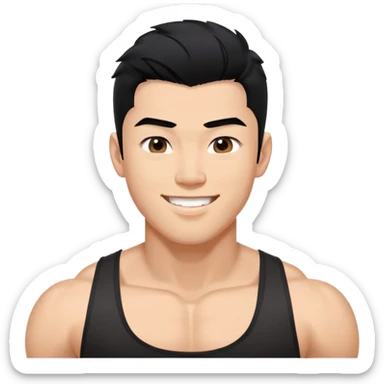 Its joshua seventeen, asian man with big muscles and black tank top, the hair is down, Above the eyebrows and kinda wet, and the facial is smiling  sticker