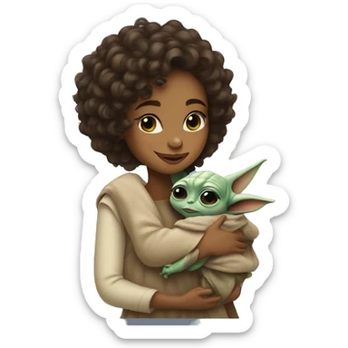 A curly girl hugging baby yoda   sticker
