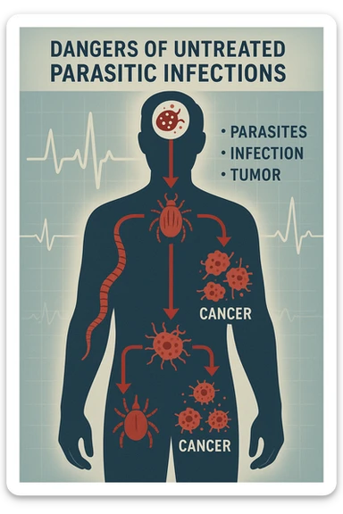 a man’s silhouette is filled with stylized images of parasites and tumor cells, connected by red lines or arrows to show cause and effect. The background features a medical chart or infographic about the dangers of untreated parasitic infections. The overall tone is serious and educational. scritto in italiano sticker