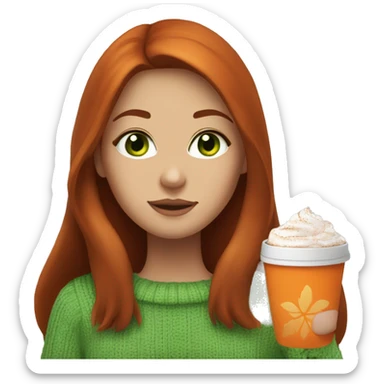 A dark redhead with straight long hair, a girl with green eyes in an orange sweater and a hot chocolate  sticker
