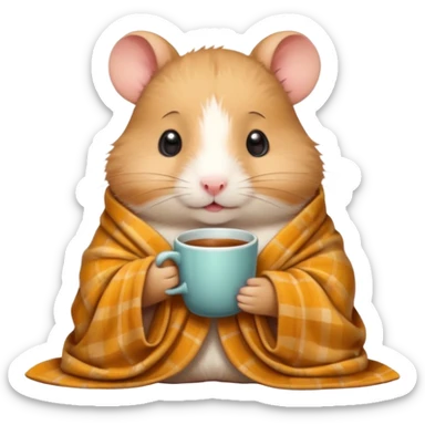 Cute cartoon-style hamster wrapped in a cozy blanket, holding a cup of tea, relaxed expression. Painterly shading, white background, sticker-style illustration sticker