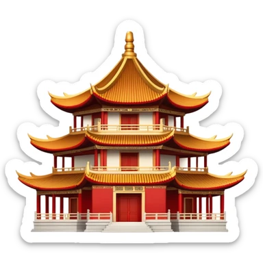 Traditional Chinese architecture with pagoda roofs, red columns, ornate details sticker