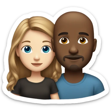 Beautiful Girl with blue eyes and long brown hair and boy with brown hair cuddling, Bald black man with goatee  sticker