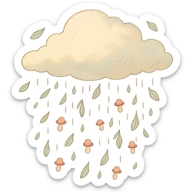 cloud raining tiny leaves and mushrooms, whimsical rain, pastel tones, soft ghibli style sticker