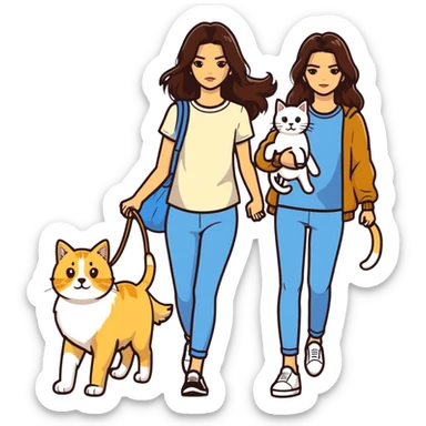 Kendall Jenner with long brown hair walking a golden retriever dog and three cats, two cream colored cats and one white and blue cat sticker
