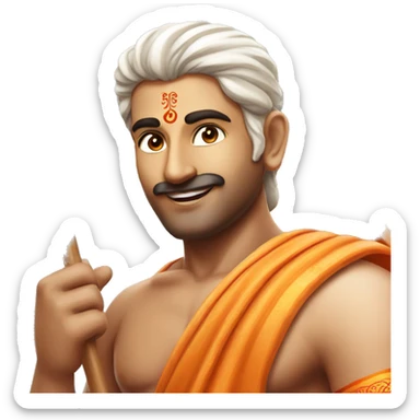 hindu guy with sandalwood paste on forehead, waving a saffron flag with jai shri ram written on the flag sticker