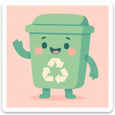 green recycle bin, pastel cartoon style, soft colors, friendly expression sticker