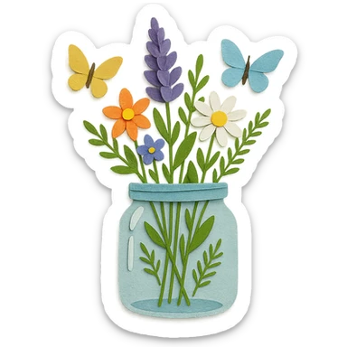 glass jar filled with forest flowers and butterflies, paper-craft style sticker