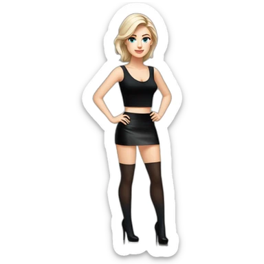 realist caucasian long dark brown, blue eyes woman, black crop top black tight mini skirt, High heel black patent louboutin, full body sticker