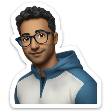 29 year oldindian tech founder clean shaven in blue quarter zip with black and white tortoiseshell glasses sticker