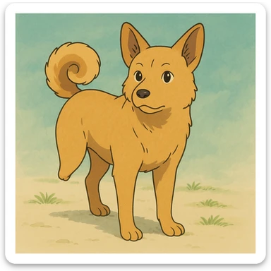 medium-sized sandy colored dog with one back leg missing, tail curled up onto its back, attentive upright ears, ghibli animation style, simple background sticker