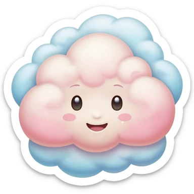 Cinematic round pastel cloud, soft puffy texture, gentle glowing edges, tiny happy face with blushing cheeks, floating in a dreamy sky, warm and magical. sticker