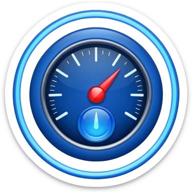 a round gauge, deep blue with a glowing effect, no numbers, just a pointer and segments, apple emoji style sticker