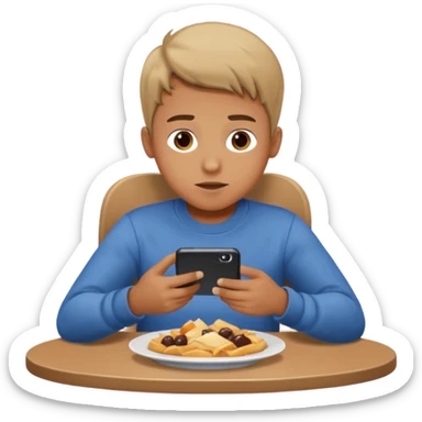 a boy watching videos on his phone while eating, sitting at a table sticker