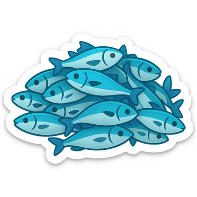 Create a large pile of blue fish in emoji style, variation 1. The image should resemble apple style emojis with concise details and vibrant blue colors, with slight variation in arrangement or shading from the base version. sticker