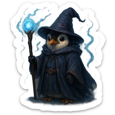 penguin wizard with a pointy hat and magic staff, magical aura, fantasy style sticker