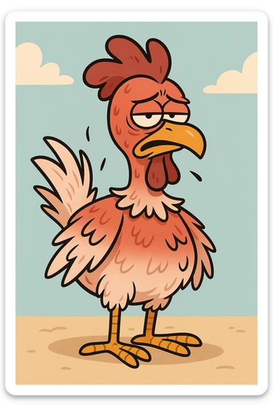 a sunburnt chicken, cartoon style, exaggerated red skin, ruffled feathers, looking uncomfortable sticker