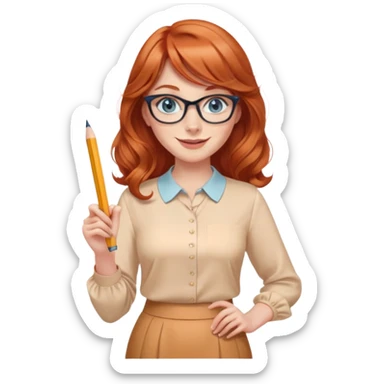 redheaded woman with long wavy hair and bangs, blue eyes, cat-eye glasses, wearing a pencil skirt and apricot blouse, holding a pencil, smiling sticker