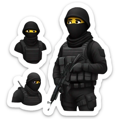 Special forces with black tactical gear and a black balaclava and blc sticker