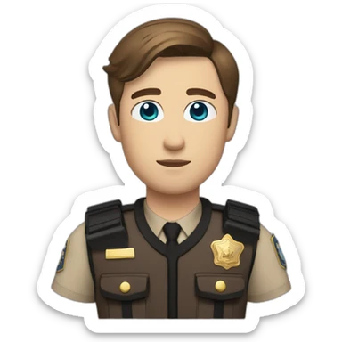 Deputy sheriff with short Brown hair and blue eyes and bulletproof vest and arms sticker