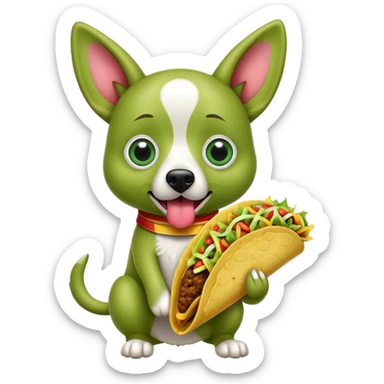 Green dog with large cartoon eyes and sticking up ears and sticking out tongue with eyes looking opposite direction and tongue out and holding a taco sticker