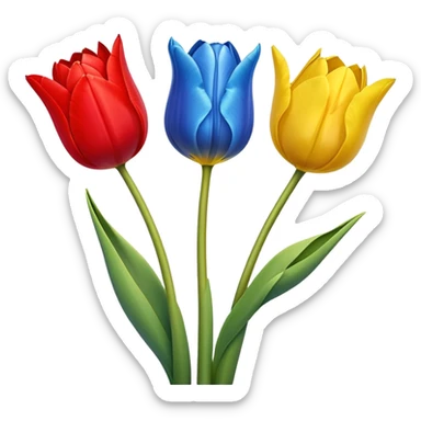 three tulips - one red tulip, one blue tulip, and one yellow tulip sticker