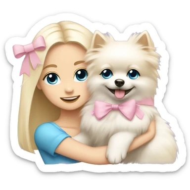 Blond girl white skin blue eyes hugging white Pomeranian with light pink bow sticker