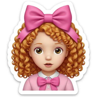 Strawberry blonde curly haired toddler girl wearing big pink bow sticker