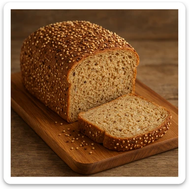whole wheat bread with quinoa and rice, realistic photo, on wooden cutting board, visible seeds sticker
