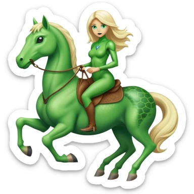 reptilian alien green woman, rides blonde horse
 sticker