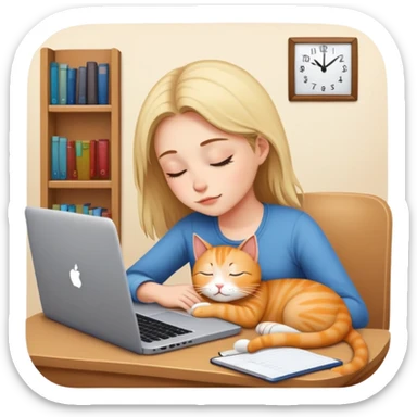 A girl is working hard in front of her laptop, and a cat is sleeping next to it sticker