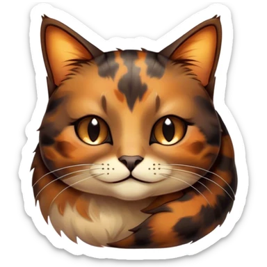 Meme-Worthy Cute Sleeping Tortoiseshell Cat Portrait Emoji, Head resting with a serene, sleepy smile and softly closed, dreamy eyes, showcasing a warm, mottled fur of rich browns and blacks, simplified yet adorably detailed, glowing with a gentle, drowsy radiance, high shine, exuding relaxed, heart-melting charm, styled with a soft glowing outline, capturing the essence of a sleeping tortoiseshell cat that radiates pure, peaceful cuteness! sticker