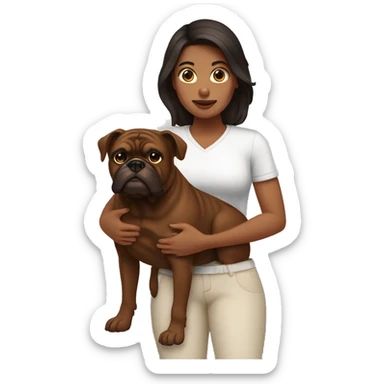 Woman with dark hair holding a brown bulldog with dark brown face sticker