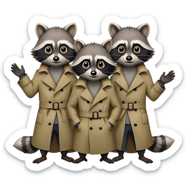 Three mischievious raccoons standing on top of each other pretending to be one person in a  single trench coat sticker