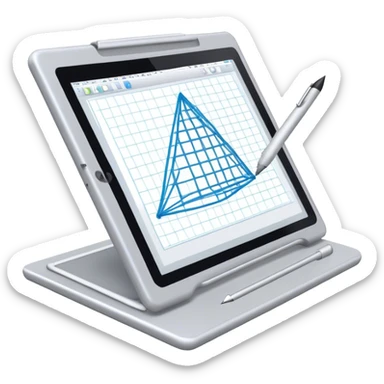 Create an emoji for 3D visualization and modeling. Show wireframe model that pops out from the screen of a large graphic tablet with a stylus drawing in a 3D modeling program. Use modern, professional colors. Do not include any emojis or smiley faces. Make the background transparent. sticker