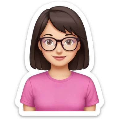 Tween, mid length dark brown hair, side bangs, glasses, brown eyes, Baddie, pink t shirt, pretty smile, pretty sticker