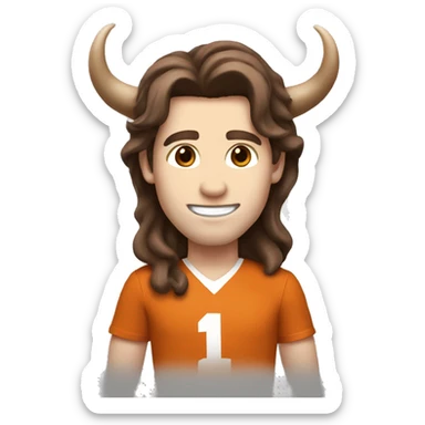 Brown hair, pale skin, male with hook em horns for University of Texas Longhorn. sticker