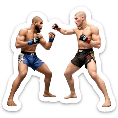 wo MMA fighters in the octagon, one delivering a strong punch while the other defends with a guard. The background shows the UFC octagon with the crowd in the distance. Transparent background emphasizes the dynamic intensity and skill of mixed martial arts. sticker