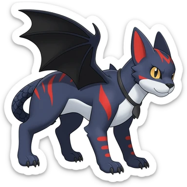 midnight blue-gray-black, with red markings, white belly, scaley scaly batty feline-like quadrupedal digitigrade cute cool handsome badass realistic feral Bastet-Noibat-Gatomon-Garchomp-Digimon-Fakémon-Pokémon-creature (full body) sticker