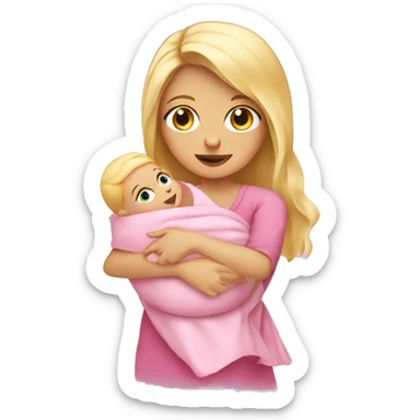 Blonde girl holding a new born baby while the baby is wrapped in pink. sticker