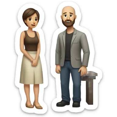 brunette woman kneeling to bald man with beard standing sticker