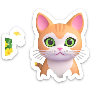 a cat with big eyes among green clover leaves and flowers sticker