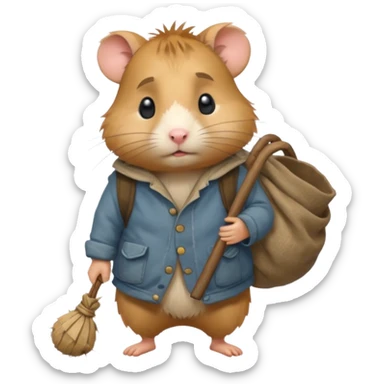 cartoon-style hamster poor hobo carrying a bindle over its shoulder with a sad expression. sticker