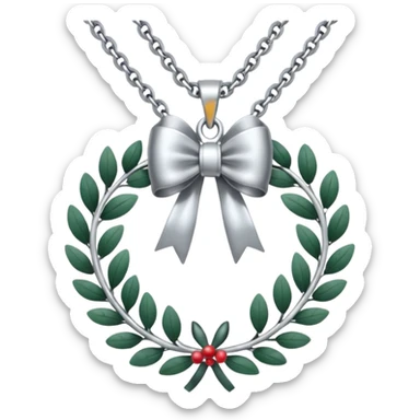 A silver necklace with a wreath shaped pendant and a bow at the top sticker