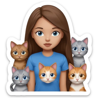 a pretty bratz dusky light skin girl with long brown hair, blue eyes with six cats nd wearing a grey tshirt sticker