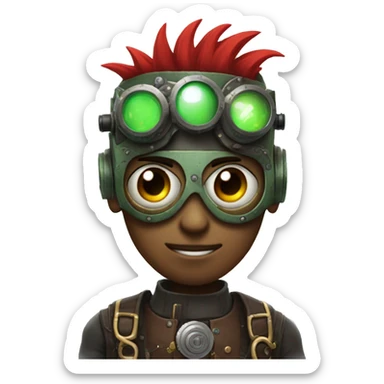Male cyborg with thin red Mohawk and green steampunk goggles sticker