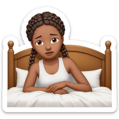 Black woman with braids in a big king size bed on one side by herself crying sticker
